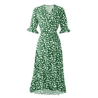 Женски тенденции за разчистване на рокля жени Лятна ежедневна рокля за печат v-образен склонен къс ръкав Разхлабена рокля Зелена L