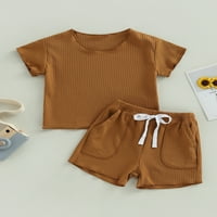 Qtinghua малко дете бебе момче летни дрехи солиден цвят оребрена тениска с тениска с тениска с тениски комплекти Комплект ежедневни тоалети кафяво 2- години
