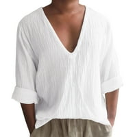 Zunfeo Мъжки ежедневни стилни ризи лято спокойни годни върхове свободни удобни тениски с дълъг ръкав v блуза за врата за дневен- бял размер l