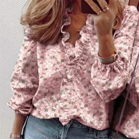 Clearance дамски блузи Облечени графични отпечатъци на Henley Down Небрежни жени Разхлабени блузи с дълъг ръкав, розово, m