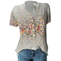 Клирънс дамски летни върхове блуза Небрежно късо ръкав флорални жени блузи Henley Fashion, Khaki, XXXL