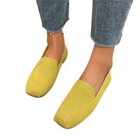 Дамски моден квадратни пръсти плетеше изпускане дишащи плоски меки подместни ежедневни обувки жълти