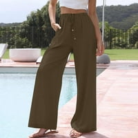 HHEI_K Женски памук и ленени летни панталони с широки крака, течащи с широк крак с твърди цветове плажни панталони