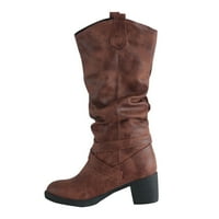 Symoid Womens Boots- Модна ежедневна каишка за катарама на каишка на ботуши на ботуши за езда блок пета средна телешка ботуши кафяво 41