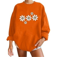 Ерзази блузи с дълъг ръкав за женски моден моден кръгъл врат пуловер с дълъг ръкав отпечатани ежедневни разхлабени пуловер на просвета оранжеви момичета с дълги ръкави ризи XL