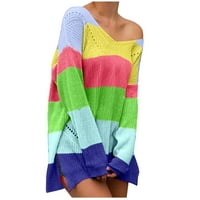 Aherbiu дамски пуловери туника джъмперни върхове v цветни ивици на шията с дълъг ръкав пуловер за плетене на падане на блуза