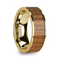 Мъжки полиран сватбен пръстен от 14k жълто злато с инкрустация от дърво от тик