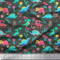 Soimoi Grey Rayon Crepe Fabric Aster Flower & Dinosaur Kids Mabric отпечатъци по двор