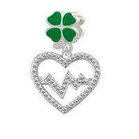 Голямо чисто кристално сърце със сърдечен ритъм - Зелено четири листо детелина чар мънисто