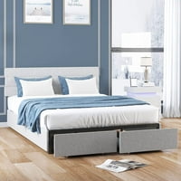 King Size Platform Bed Frame с две големи чекмеджета за съхранение, рамка за легло с регулируема тапицирана табла, не е необходима пружина, поддръжка на дърва, лесна сглобяване