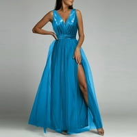 Kali_store официални рокли женски сплит на шията с голяма шия вечерта дълга рокля синьо, xxl