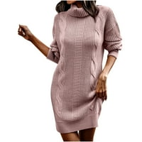 Пуловерна рокля за жени солидна костенурка кокетна кабелна плетена рокля пуловер с дълъг ръкав небрежна рокля с дължина на коляното