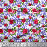 Soimoi Blue Japan Crepe Satin Fabric Damask Floral Decor Fabric Printed Yard Wide