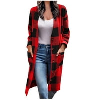 Жени карирани печат свободен жилетка с джобно палто моден бутон плюшени върхове червени, xxxl