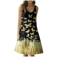 Просвета летни рокли за жени без ръкави A-линия дължина на коляното модна флорална кръгла деколте рокля злато s