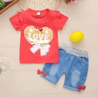 Бебешки дрехи за момичета малко дете бебе момичета Ruffle Paillette Love Bow Printed Tops +Denim Shorts Облекло Chmora