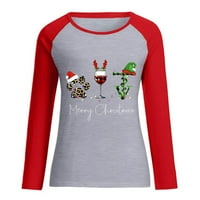 Коледни ризи Odeerbi за жени върхове с дълъг ръкав пролет пачуърк Коледа отпечатана кръгла шия ежедневен тройник