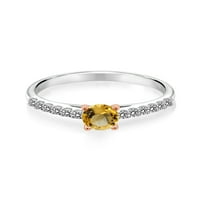 Gem Stone King 0. CT Кръг жълт цитрин бял диамант сребро и 10K розов златен пръстен