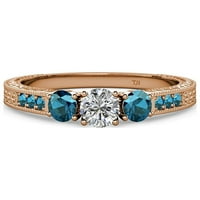 Син и бял диамантен каменен пръстен със син диамант на страничния бар 0. Ct TW в 14K розово злато.size 6.0
