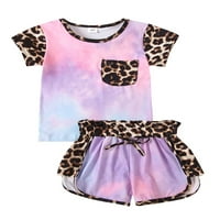 Емабаби бебешки леопардов печат дрехи, тениска за боядисване на вратовръзка+ластични къси панталони на талията