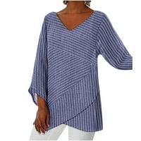 Женски модни ризи блузи зими основни ивици с къс ръкав отпечатан тройник V-образно деколте плюс размер дълъг ръкав женски върхове синьо 2x
