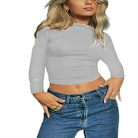 Niuer дами тениска масивна тениска без гръб тениска секси туника блуза дълъг ръкав пуловер сиво m