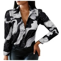 Есенни модерни дрехи за жени с дълъг ръкав бутон надолу с V-образна флорална графична контраст цвят Новост блуза Черна m