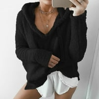 Голяма качулка за жени модна суитчър модерна солидна V шия плюш пуловер разхлабена блуза с дълъг ръкав огромна суитчър