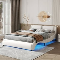 Queen Size Тапицирана FAU кожена платформа легло с LED светло легло рамка със склонено бяло