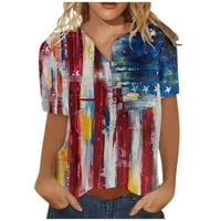 Sksloeg ризи за жени 4 юли Флаг звезди отпечатани блузи с къс ръкав нагоре Блузи за тениски с джоб, син XL