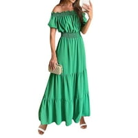 Дамски рокли Просвеция с къс ръкав Макси свободен макси солидна летна рокля от рамото зелено s