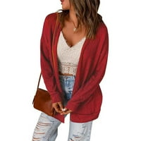 Ganfancp жилетка за жени облечени отворени солидни жилетки джобове с дълъг ръкав с леки пуловер палто Red 2xl Prime Day Womens Clothing