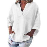 Дамска блуза есен Просвещение Женски моден солиден цвят къси върхове дълги ръкави свободен памук и бельо разхлабена риза блуза V-образно деколте ежедневни върхове