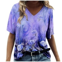 Клирънс плюс размер върхове с къс ръкав графични отпечатъци блуза ежедневни жени разхлабени блузи с v-образно деколте, синьо, xxl