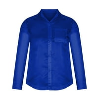 Yyeselk сатен копринени ризи за жени, изцяло съвпадащи с дълъг ръкав туника бутон надолу чист цвят уютни блузи с джоб за официална работа синьо l