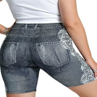 Grianlook Ladies Fake Jeans Floral Print Plus Размер гамаши с висока талия Fau Denim Shorts Обработка дъна тънък форма на къси панталони черни 2xl